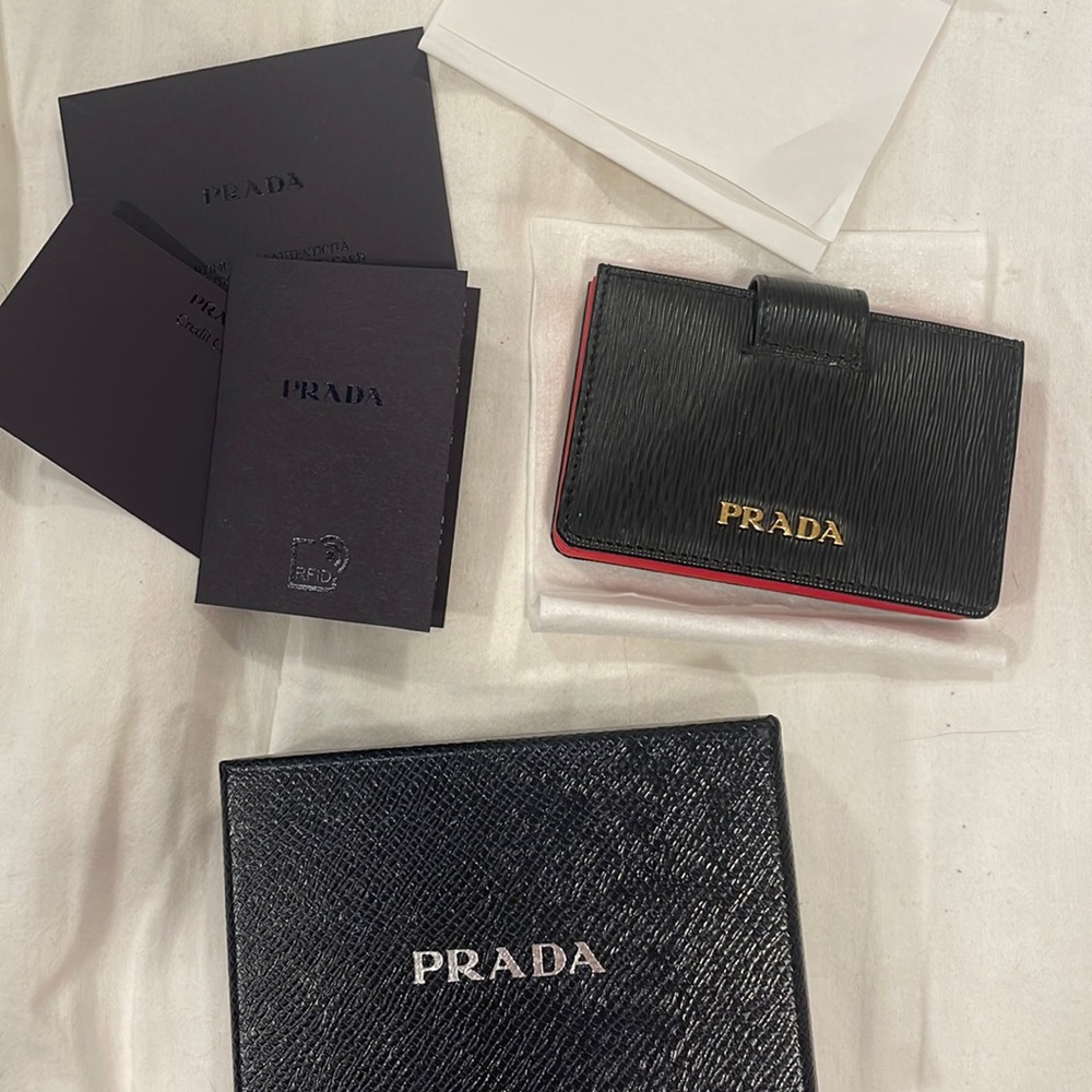 Prada Card Holder - black and red with button clasp. Brand new box & certificate